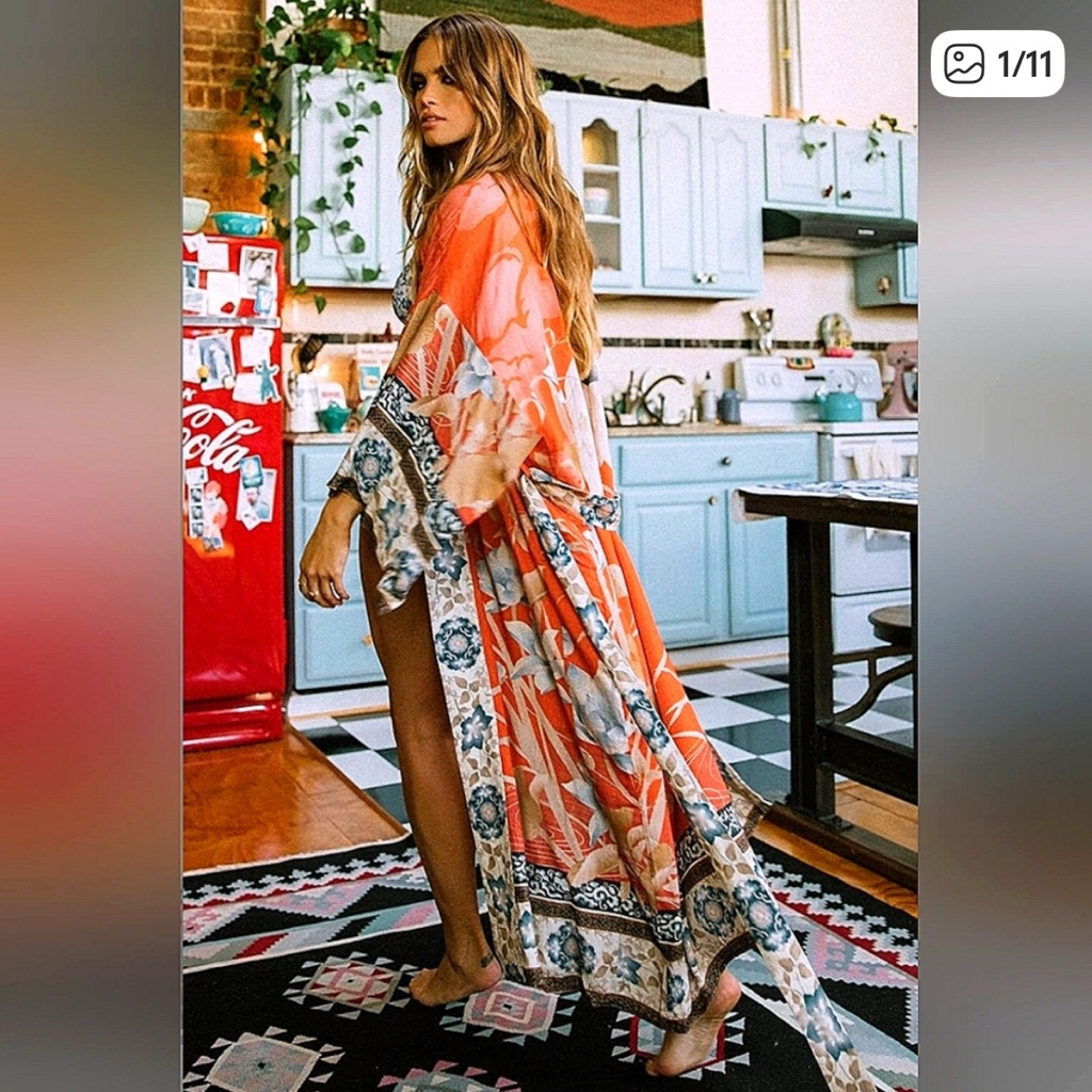 Vibrant Orange And Blue Patterned Kimono